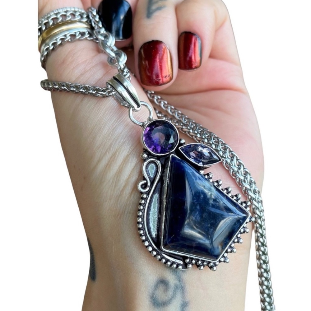 925 Sterling silver overlay amethyst & dark blue sodalite gem boho necklace - Picture 2 of 9